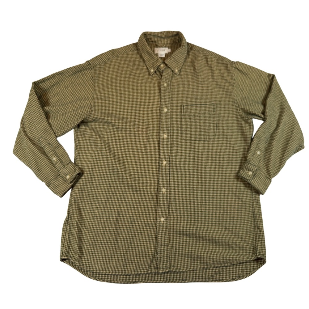 J Crew Vtg Men Large Green Houndstooth Cotton Button Flannel Shirt Long Sleeve L